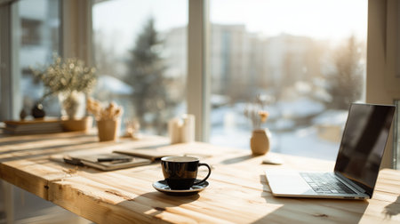A Minimal workspace with laptop and coffee cup by windowの素材