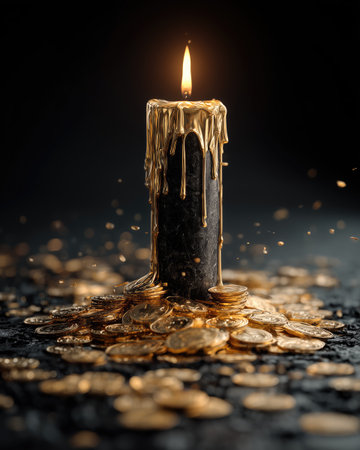 A gold candle melting over coins in darkの素材