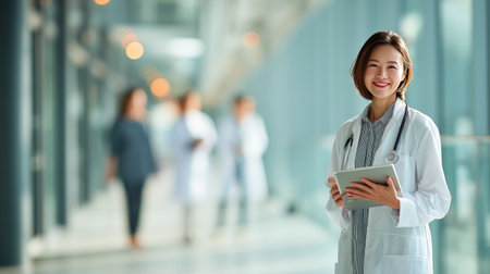 A Confident female doctor smiling in hospital corridorの素材
