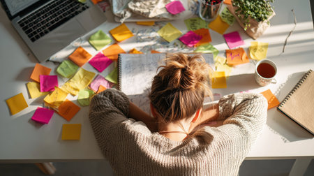 A Woman resting head on desk with sticky notes aroundの素材