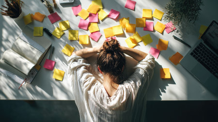A Woman resting head on desk with sticky notesの素材