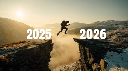 A person jumps between cliffs labeled 2025 and 2026の素材