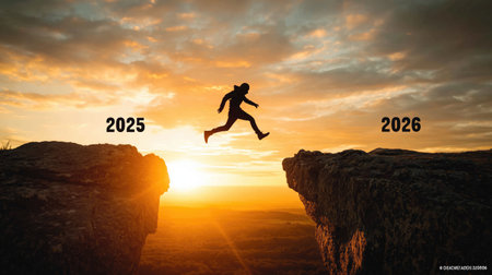 A Silhouette of person jumping across cliffの素材