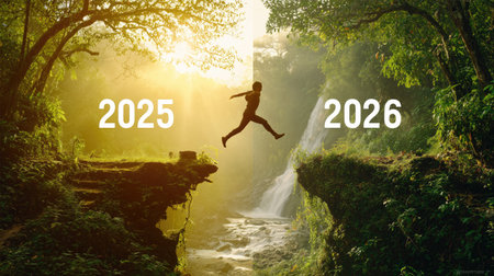 A Silhouette of person jumping from 2025 to 2026の素材