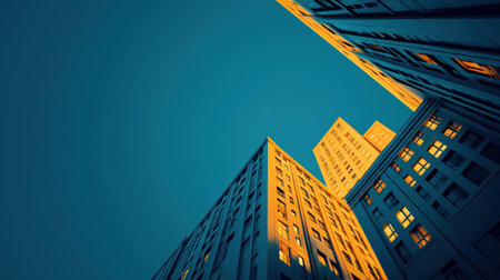 A Tall buildings with warm lighting against blue skyの素材