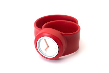 Red silicone wrist watch isolated on white backgroundの写真素材