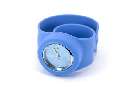 Blue silicone wrist watch isolated on white backgroundの写真素材