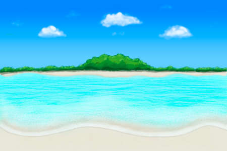 Green tropical paradise island landscape with blue cloudy sky and still sea waterの写真素材