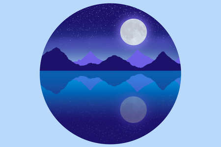 Night mountain landscape illustration with beautiful reflection of stars on still waterの写真素材