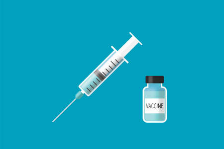 Medical syringe for human body injections with needle and vaccine bottle on blue background illustrationの写真素材
