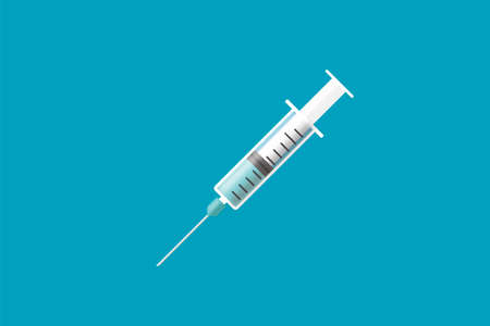 Medical syringe for human body injections with needle and vaccine on blue background illustrationの写真素材