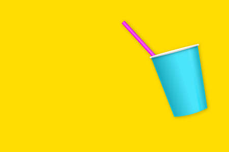 Cyan plastic cup with magenta straw isolated on yellow background 3D illustrationの写真素材