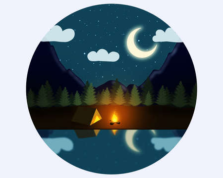 Night landscape illustration in flat style with tent, campfire, mountains, forest and water. Background for summer camp, nature tourism, camping or hiking design concepÐµの写真素材