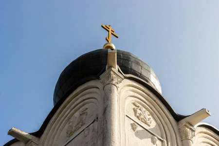 Russian ancient orthodox church dome with cross closeupの写真素材