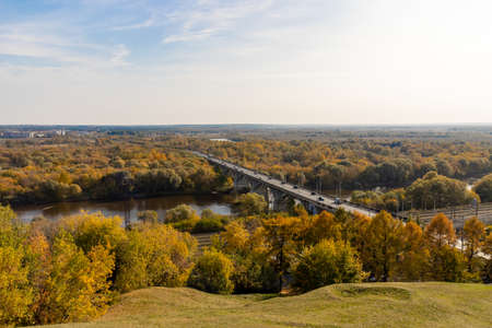 Beautiful autumn landscape view of ancient Russian Vladimir city bridgeの写真素材