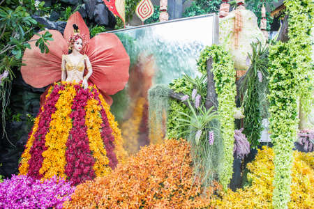 BANGKOK, THAILAND-JUNE6: Kinnaree decorated model of a variety of orchids. spicies in the event of 7th Siam Paragon Bangkok Royal Orchid Paradise on June 6, 2013 in Bangkok Thailand.のeditorial素材
