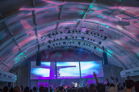 BANGKOK, THAILAND-JUNE10: anonymous group of people together to sing and worship God in the temple celebrations Noah on June 10, 2013 on board the Ark Christian Thailand in Bangkok, Thailand.のeditorial素材