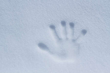 the imprint of a right hand in the snow closeupの写真素材