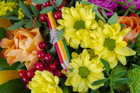 A bouquet of different flowers , background, closeupの写真素材