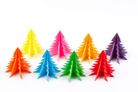 Colorful Christmas tree made of paper on white backgroundの写真素材
