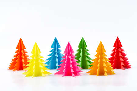 Colorful Christmas tree made of paper on white backgroundの写真素材