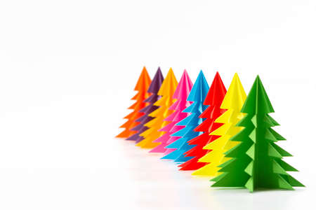 Colorful Christmas tree made of paper on white backgroundの写真素材