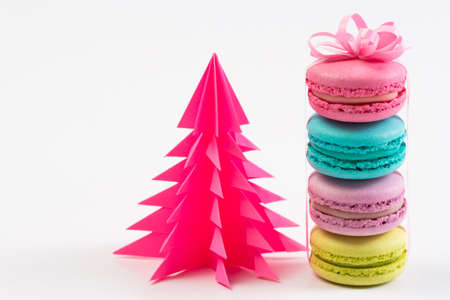 Sweet and colourful french macaroons or macaroons on white background, Dessert.の写真素材