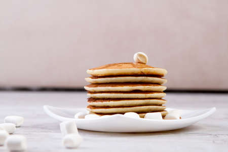 High stack of pancakes . Breakfast for the whole family . With copy space. Shallow DOFの写真素材