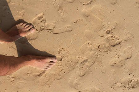 men's feet on the sand. top view of male feet on a sandy beach with footprints