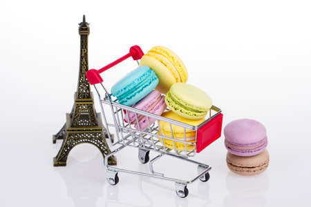 Sweet and colourful french macaroons or macaron on white background, Dessert.の写真素材