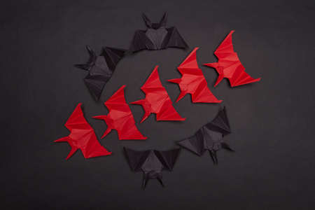 Halloween Background. Black background. Red and black batsの写真素材