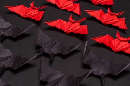 Halloween Background. Black background. Red and black batsの写真素材