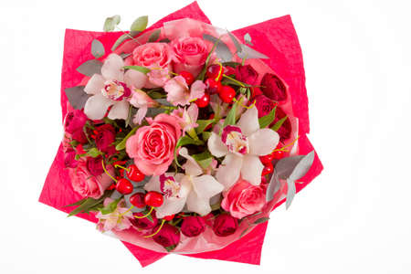 Bouquet of bright wildflowers isolated on white backgroundの写真素材