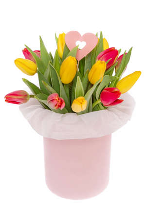 Bouquet of yellow and red fresh spring tulips isolated on white backgroundの写真素材