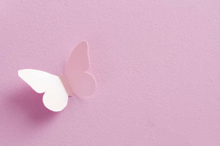 Paper butterflies on a pink background. Love and Valentine's day concept. Top view