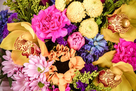 Bright buketny composition from fresh flowers, the white backgroundの写真素材