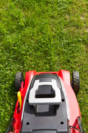 Garden maintainance details - close up view of grass mower.の写真素材