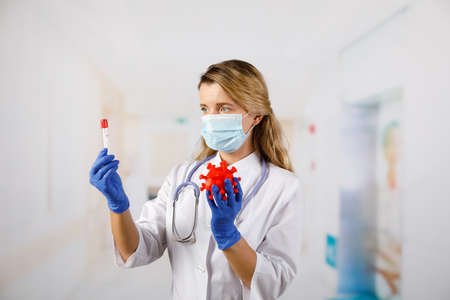 A masked female doctor holds a model 2019-nCoV (SARS-CoV-2).の写真素材