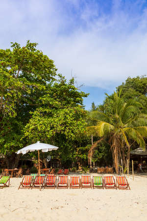 An umbrella and several sun loungers on a beautiful tropical beach and a sea view with a coconut treeの写真素材