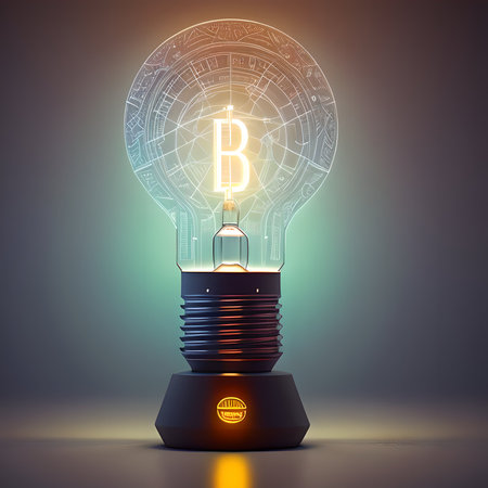 Bitcoin symbol inside light bulb. Polygon business idea light bulb on blockchain technology network hud background. Symbolizing Inspiration, design thinking, invention, digital mindset, future created with generative ai technologyの素材