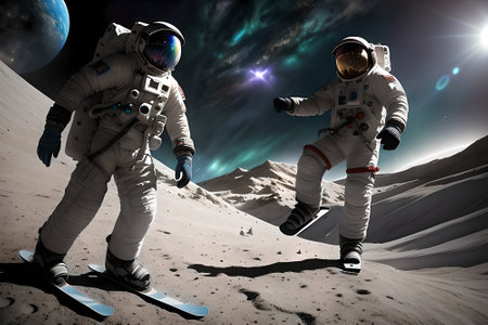 Astronauts on short skis ride the surface of the moon, made with generative aiの素材