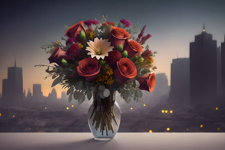 Bright, juicy, beautiful bouquet on the background of the city at night. starry sky. city light. cinematic light. Generative AI.の素材