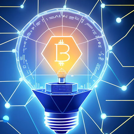 Bitcoin symbol inside light bulb. Polygon business idea light bulb on blockchain technology network hud background. Symbolizing Inspiration, design thinking, invention, digital mindset, future created with generative ai technologyの素材