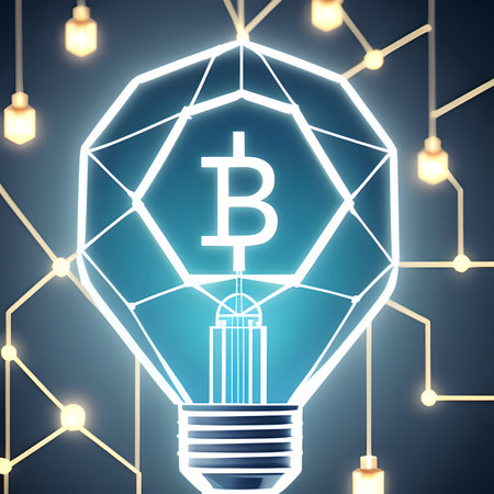 Bitcoin symbol inside light bulb. Polygon business idea light bulb on blockchain technology network hud background. Symbolizing Inspiration, design thinking, invention, digital mindset, future created with generative ai technologyの素材