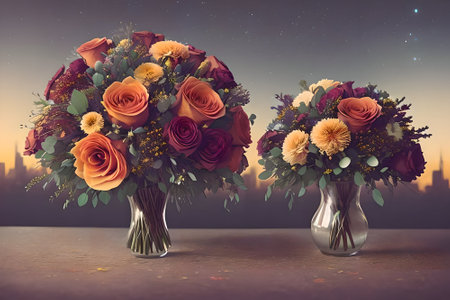 Bright, juicy, beautiful bouquet on the background of the city at night. starry sky. city light. cinematic light. Generative AI.の素材