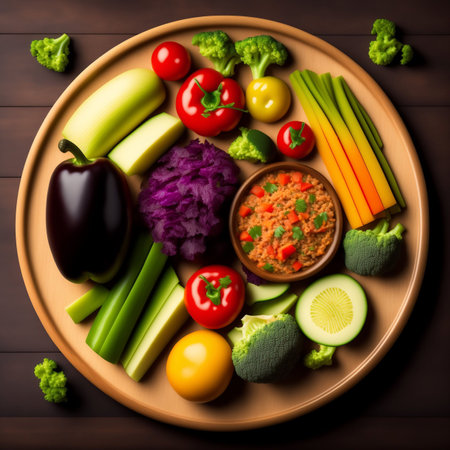 Plate on the table consisting of many colorful vegetables, the concept of vegetarian, vegan, healthy eating. Created with Generative AI technologyの素材