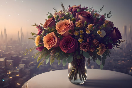Bright, juicy, beautiful bouquet on the background of the city at night. starry sky. city light. cinematic light. Generative AI.の素材
