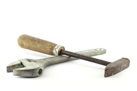 Adjustable spanner and a hammerの写真素材