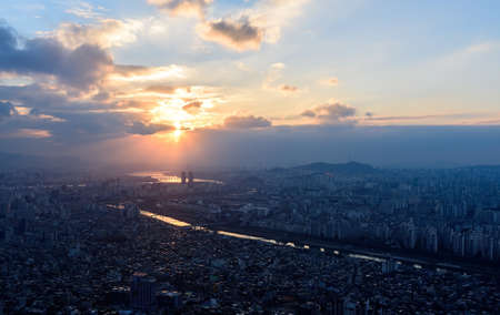 Sunset the seoul city and Downtown skyline in Seoul, South Koreaの写真素材