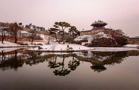 Reflection of Suwon Hwaseong fortres in Suwon.Koreaのeditorial素材